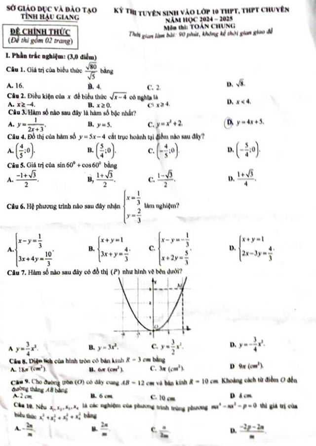 Đề thi vào lớp 10 môn Toán Hậu Giang năm 2024