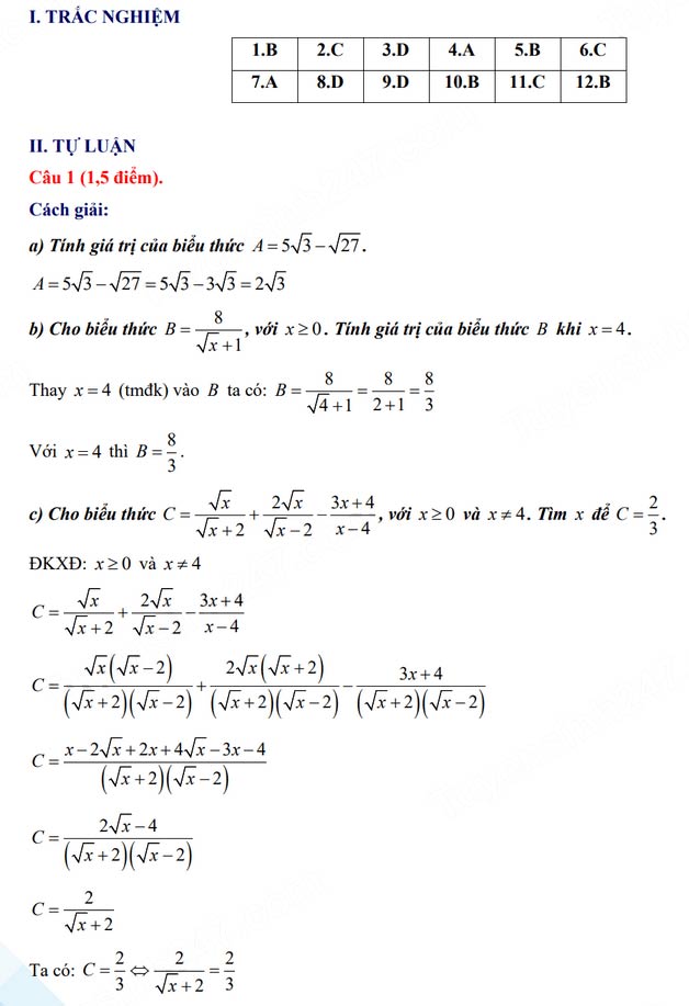 Đáp án đề thi vào lớp 10 môn Toán Hậu Giang năm 2024