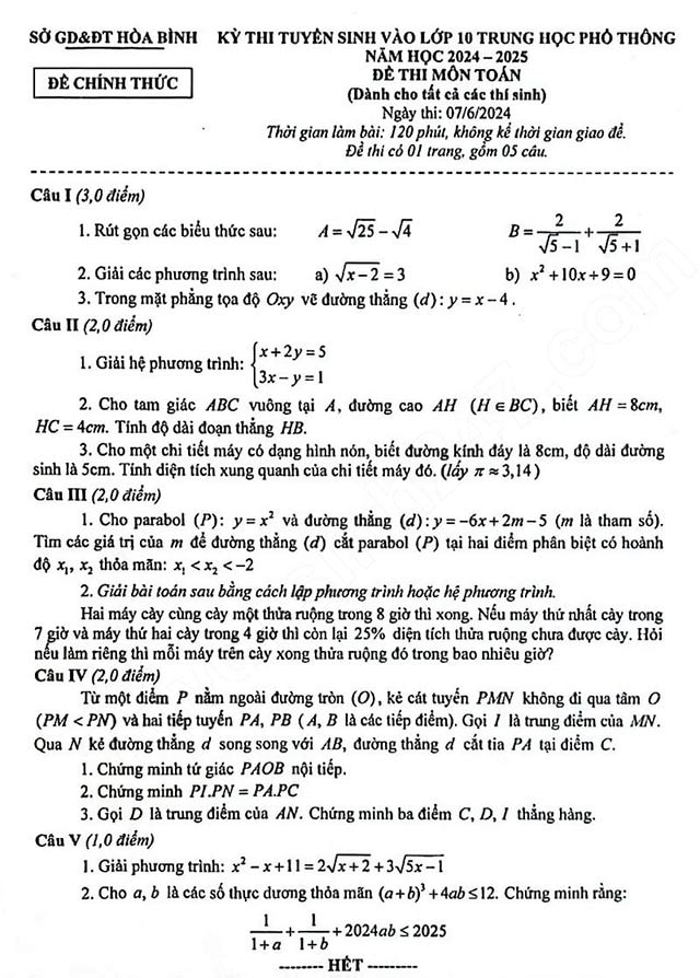 Đề thi vào lớp 10 môn Toán Hòa Bình năm 2024