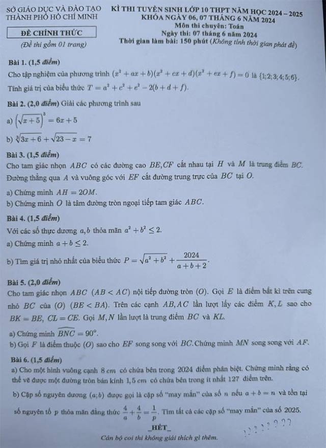Đề thi vào lớp 10 môn Toán Hồ Chí Minh 2024