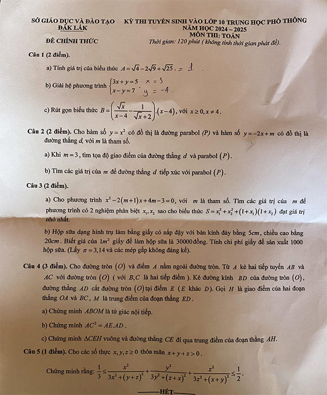 Đề thi vào lớp 10 môn Toán Đắk Lắk năm 2024