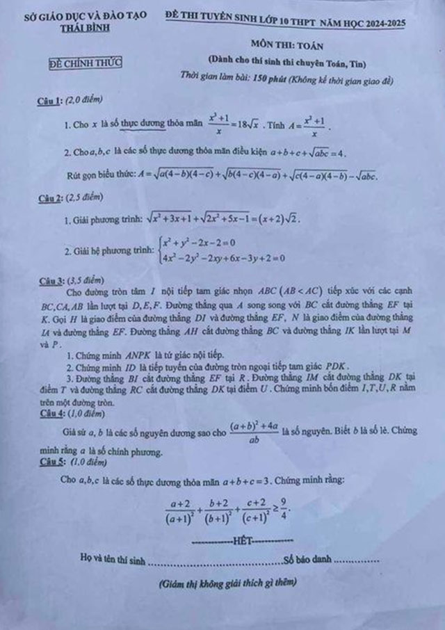 Đề thi tuyển sinh lớp 10 môn Toán Chuyên Thái Bình 2024