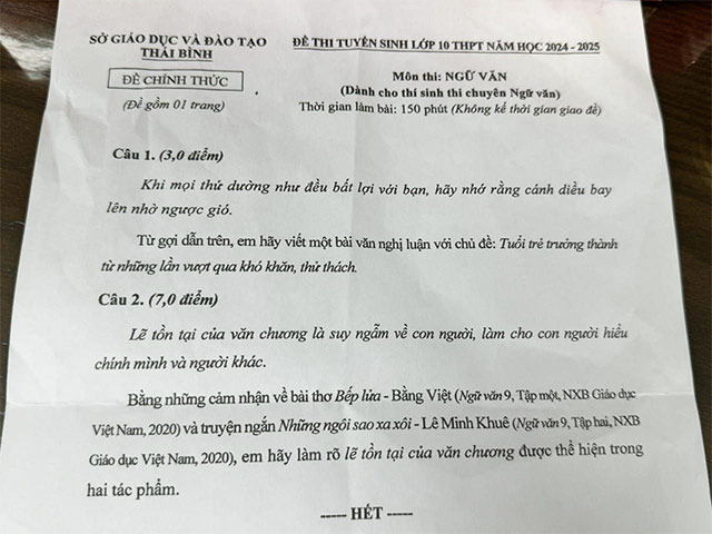 Đề thi tuyển sinh lớp 10 môn Văn Chuyên Thái Bình 2024