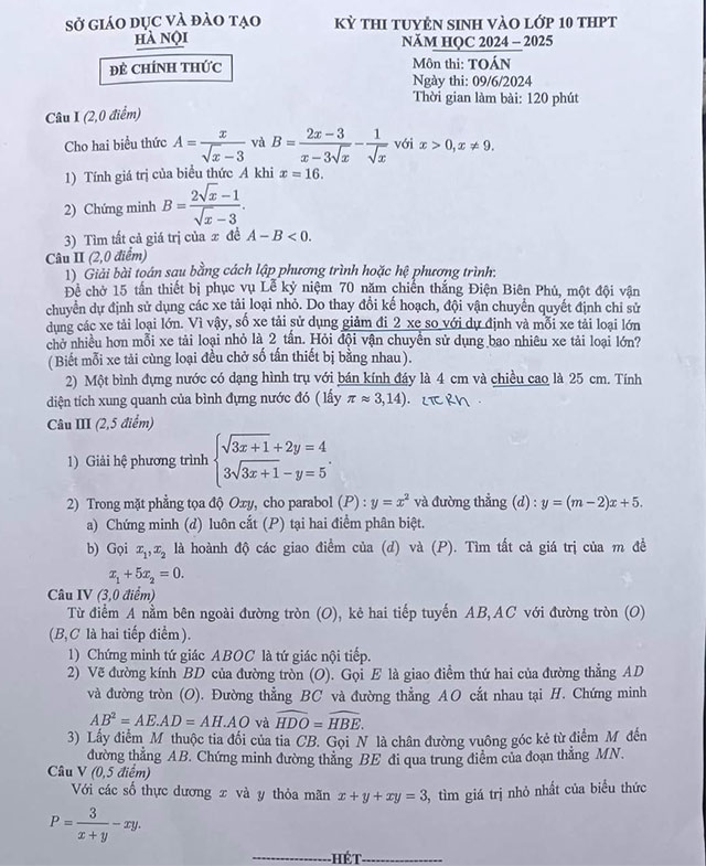 Đề thi vào 10 môn Toán Hà Nội 2024