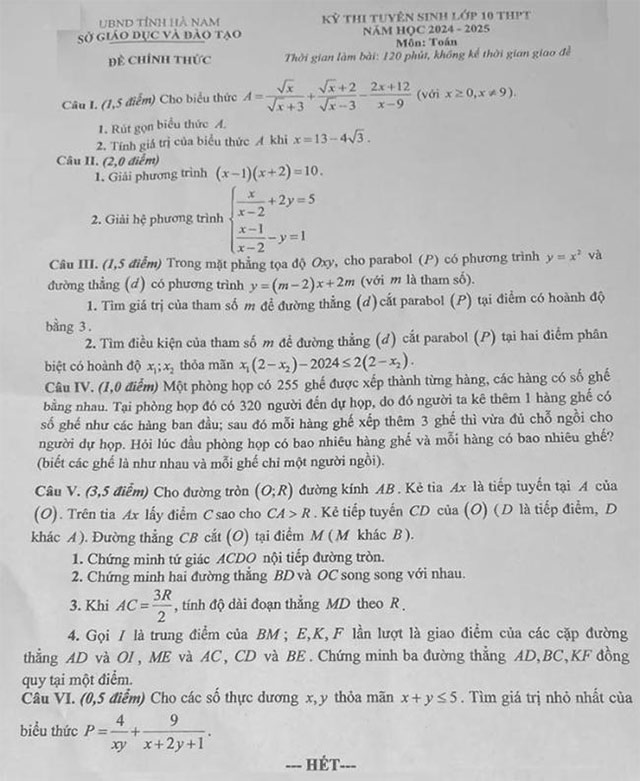 Đề thi vào lớp 10 môn Toán Hà Nam năm 2024