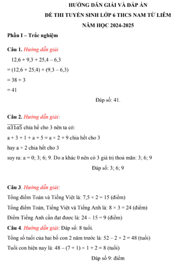 Đáp án đề thi vào lớp 6 môn Toán THCS Nam Từ Liêm năm 2024