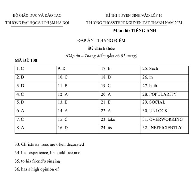  Đáp án đề thi vào lớp 10 môn Tiếng Anh Nguyễn Tất Thành 2024