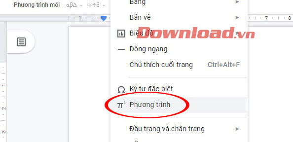 Chọn Phương trình trên Google Docs