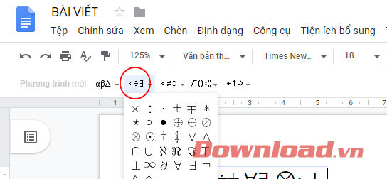 Chọn ký tự toán học trên Google Docs