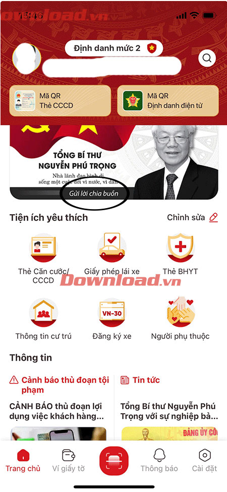 Giao diện chính của ứng dụng VNEID