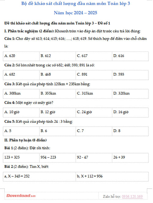 Đề thi khảo sát chất lượng đầu năm môn Toán lớp 3