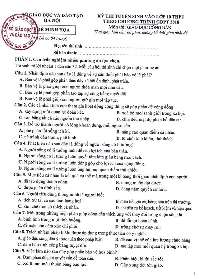 Đề minh họa thi vào 10 môn Giáo dục công dân Hà Nội năm 2025