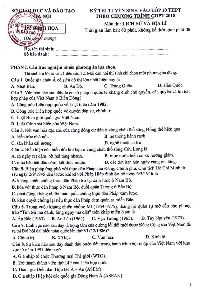 Đề minh họa thi vào 10 môn Lịch sử - Địa lí Hà Nội năm 2025