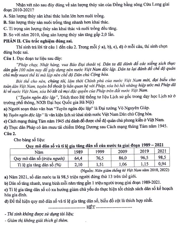 Đề minh họa thi vào 10 môn Lịch sử - Địa lí Hà Nội năm 2025