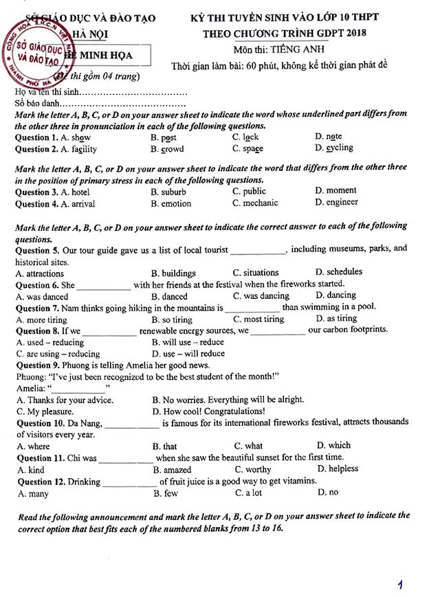 Đề minh họa thi vào 10 môn Tiếng Anh Hà Nội năm 2025