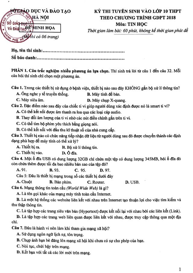 Đề minh họa thi vào 10 môn Tin học Hà Nội năm 2025
