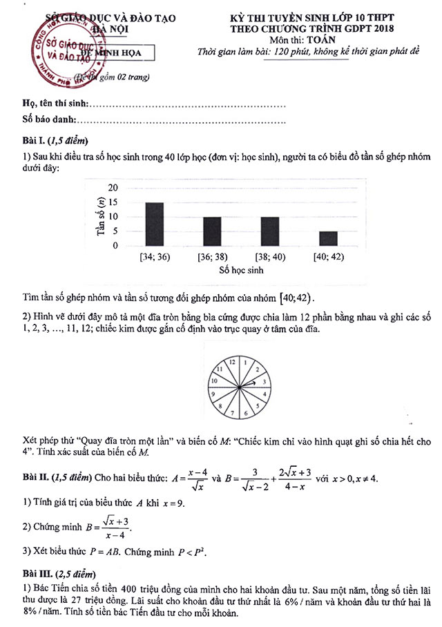 Đề minh họa thi vào 10 môn Toán Hà Nội năm 2025