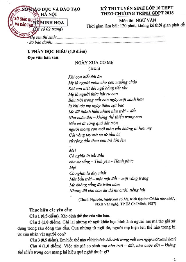 Đề minh họa thi vào 10 môn Ngữ văn Hà Nội năm 2025