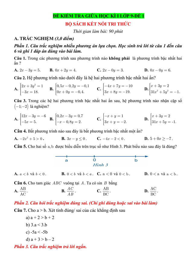 Bộ đề thi giữa học kì 1 môn Toán 9 năm 2024 – 2025 sách Kết nối tri thức với cuộc sống 3 Đề kiểm tra giữa kì 1 Toán 9 KNTT (Cấu trúc mới)