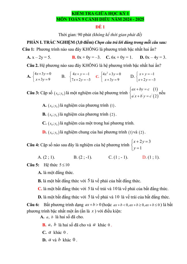 Bộ đề thi giữa học kì 1 môn Toán 9 năm 2024 – 2025 sách Cánh diều 3 Đề kiểm tra giữa kì 1 Toán 9 (Có đáp án, ma trận)