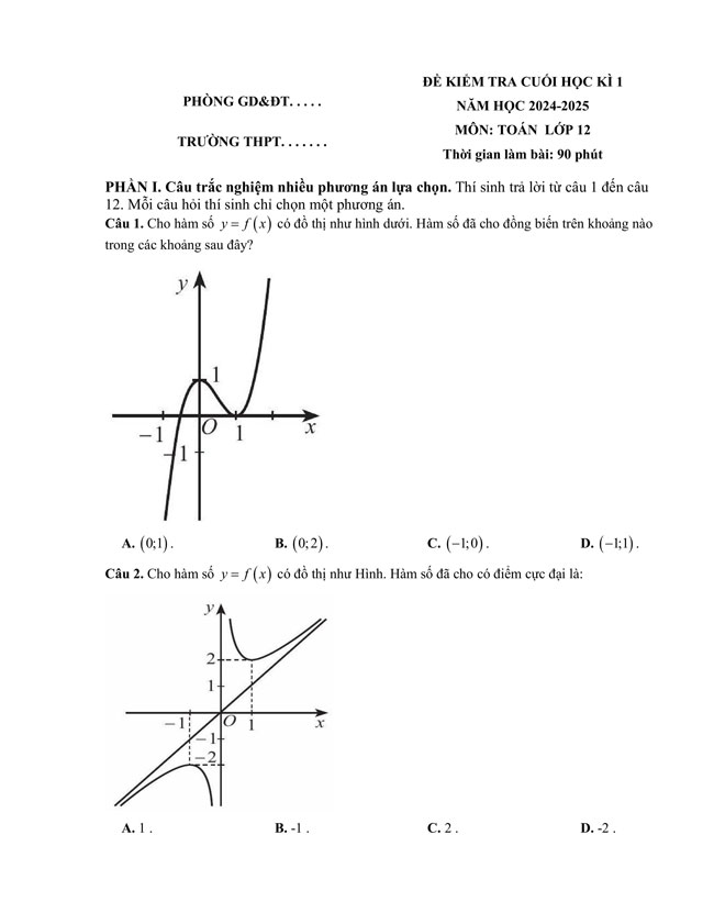 Đề thi học kì 1 môn Toán 12 năm 2024 – 2025 sách Cánh diều Đề kiểm tra học kì 1 môn Toán 12 (Có đáp án)