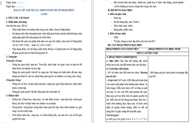 Giáo án Toán 5 Ôn tập các phép tính với số thập phân