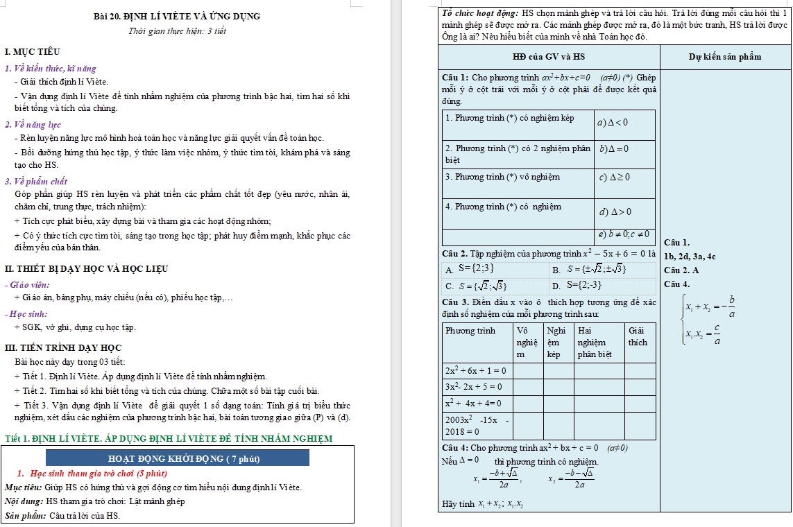 Giáo án PowerPoint Toán 9 Bài 20: Định lí Viète và ứng dụng Giáo án Toán 9 Bài 20 Kết nối tri thức (Word + PPT)