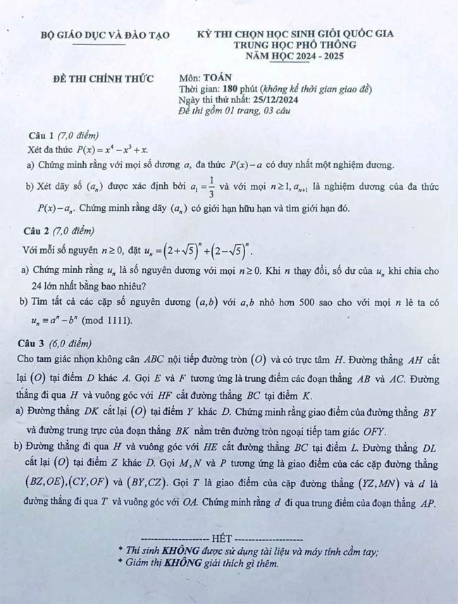 Đề thi học sinh giỏi Quốc gia lớp 12 THPT năm 2024 – 2025 – môn Toán Đề thi học sinh giỏi quốc gia