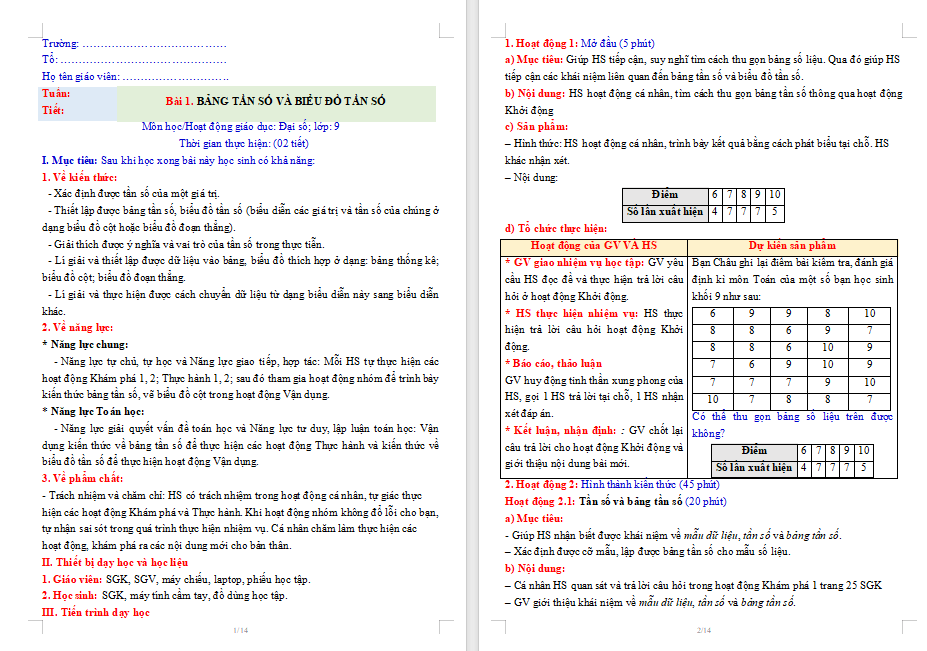 Giáo án PowerPoint Toán 9 Bài 1: Bảng tần số và biểu đồ tần số Giáo án Toán lớp 9 Chân trời sáng tạo (Word + PPT)