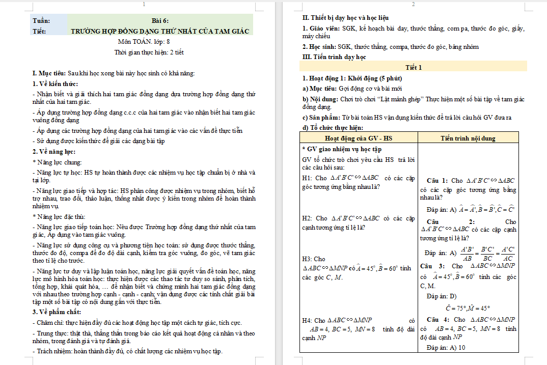 Giáo án PowerPoint Toán 8 Bài 6: Trường hợp đồng dạng thứ nhất của tam giác Giáo án Toán lớp 8 Cánh diều (Word + PPT)