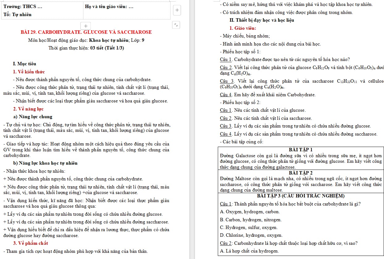 Giáo án PowerPoint Khoa học tự nhiên 9 Bài 29: Carbohydrate. Glucose và saccharose Giáo án KHTN 9 Bài 29 Kết nối tri thức (Word + PPT)