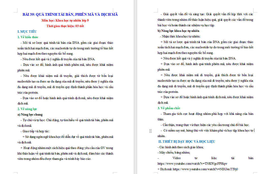 Giáo án PowerPoint Khoa học tự nhiên 9 Bài 39: Quá trình tái bản, phiên mã và dịch mã Giáo án KHTN 9 Chân trời sáng tạo (Word + PPT)