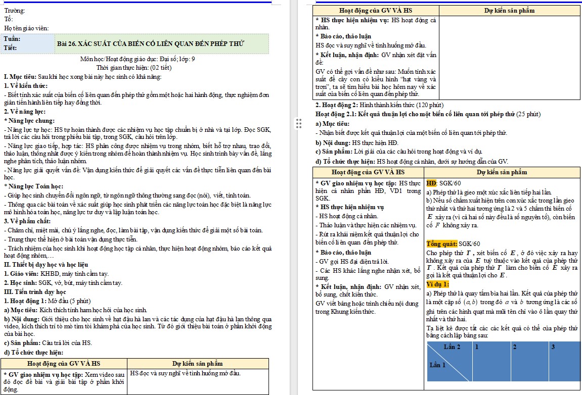 Giáo án PowerPoint Toán 9 Bài 26: Xác suất của biến cố liên quan tới phép thử Giáo án Toán 9 Bài 26 Kết nối tri thức (Word + PPT)