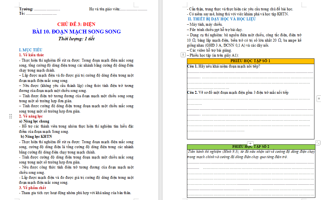 Giáo án PowerPoint Khoa học tự nhiên 9 Bài 10: Đoạn mạch song song Giáo án KHTN 9 Chân trời sáng tạo (Word + PPT)